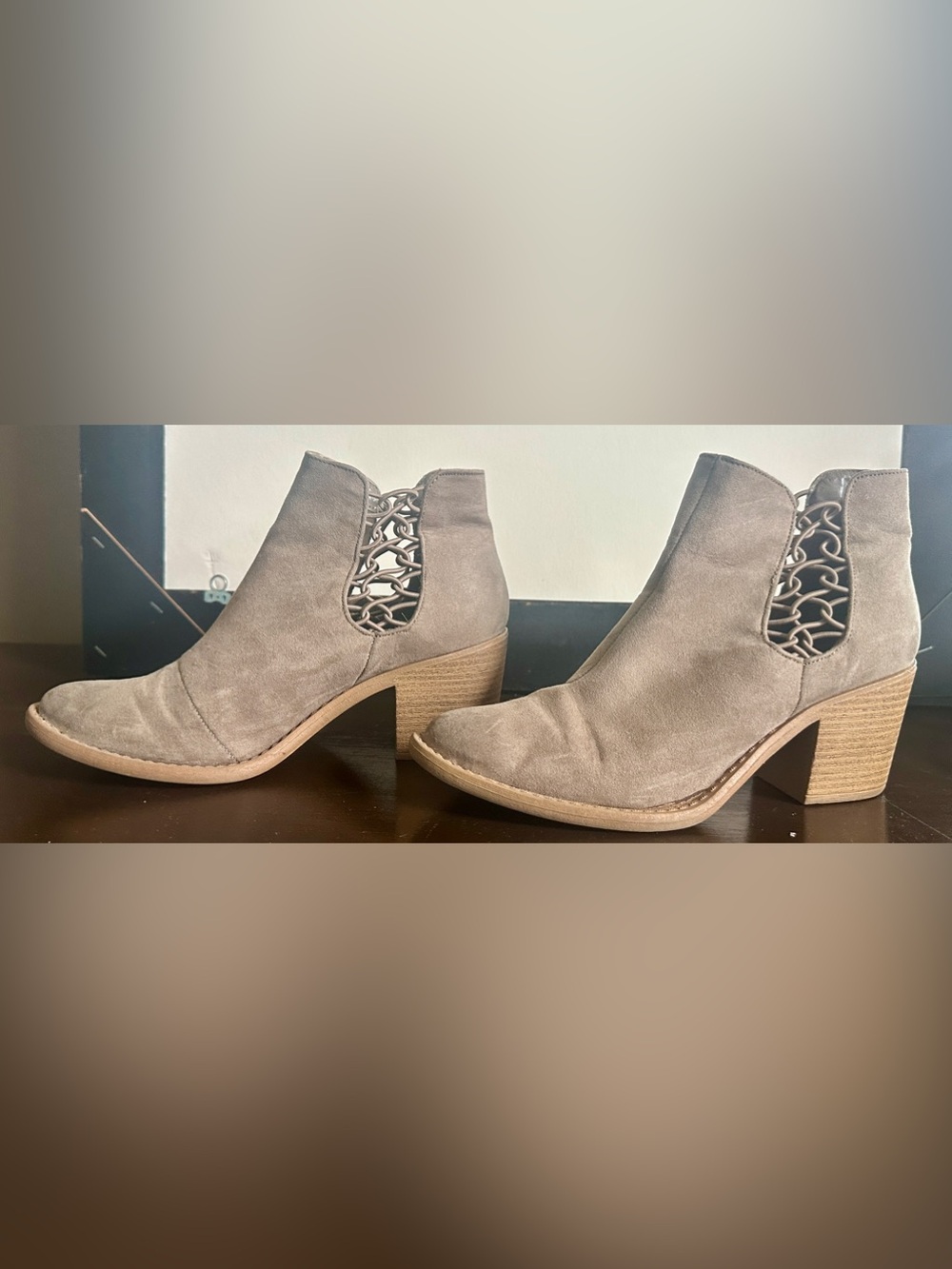 Women’s Taupe Suede Ankle Booties with Cutout Detail